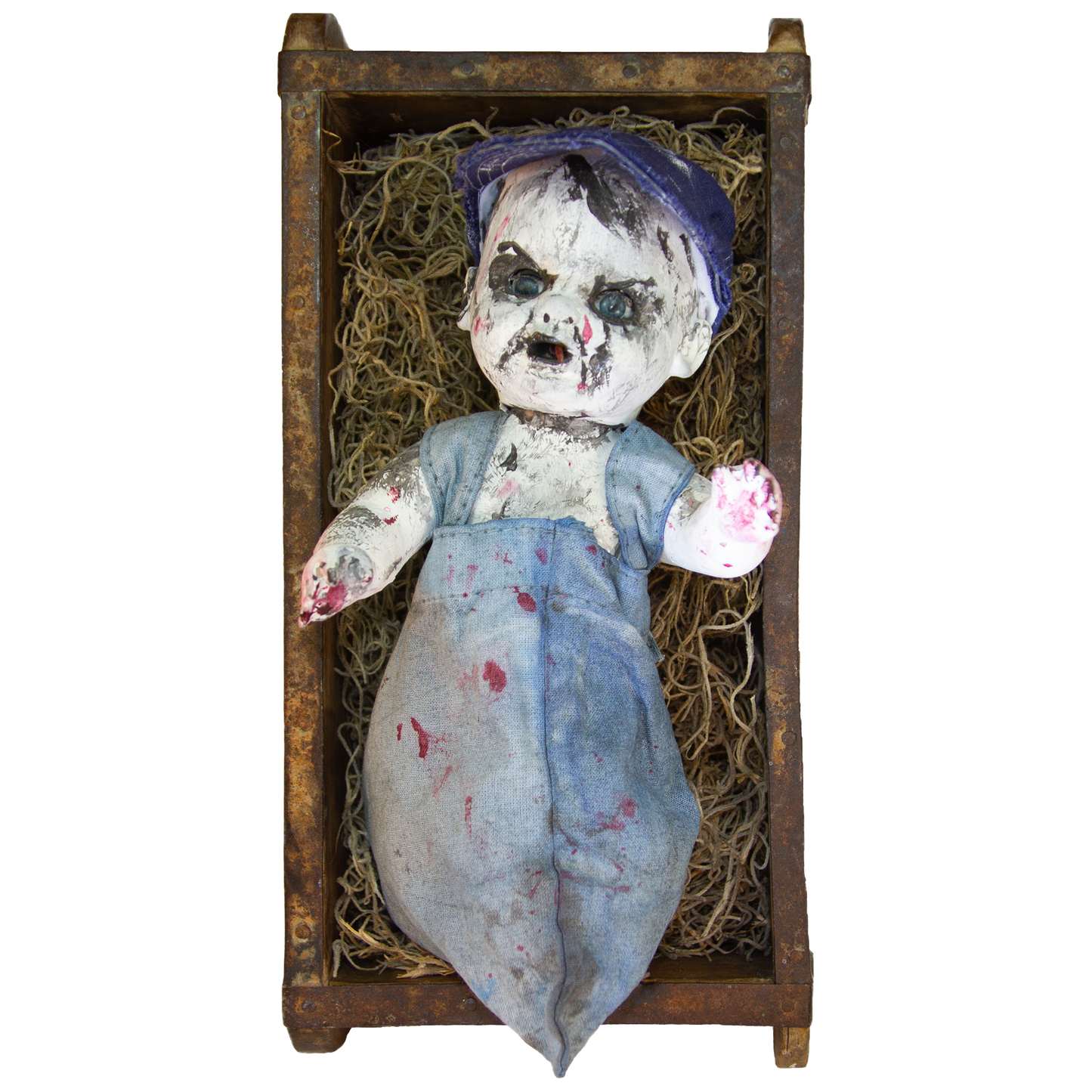 Horror Icon Bill Oberst Jr. Limited Edition™ Backwoods Baby Small in Antique Wood Display Case 11"x 5.5"x 3.5" Raw Brass Plate, Display Stand (Limited Edition of 6, each OOAK, signed & numbered)