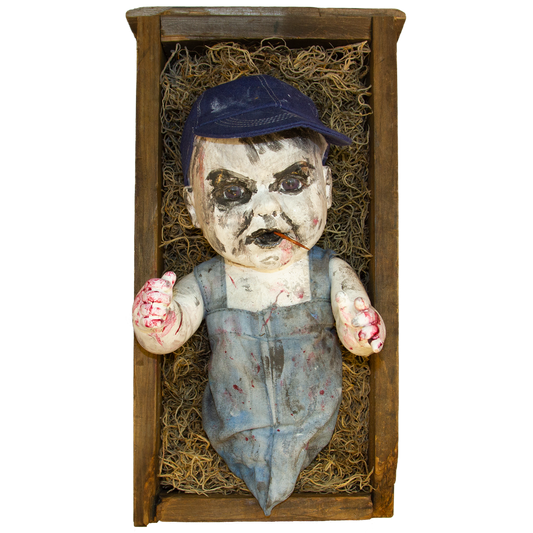 Horror Icon Bill Oberst Jr. Limited Edition™ Large Backwoods Baby in Antique Wood Display Case 13"x7" x 4" Raw Brass Plate, Display Stand (Limited Edition of 3, each OOAK, signed & numbered)